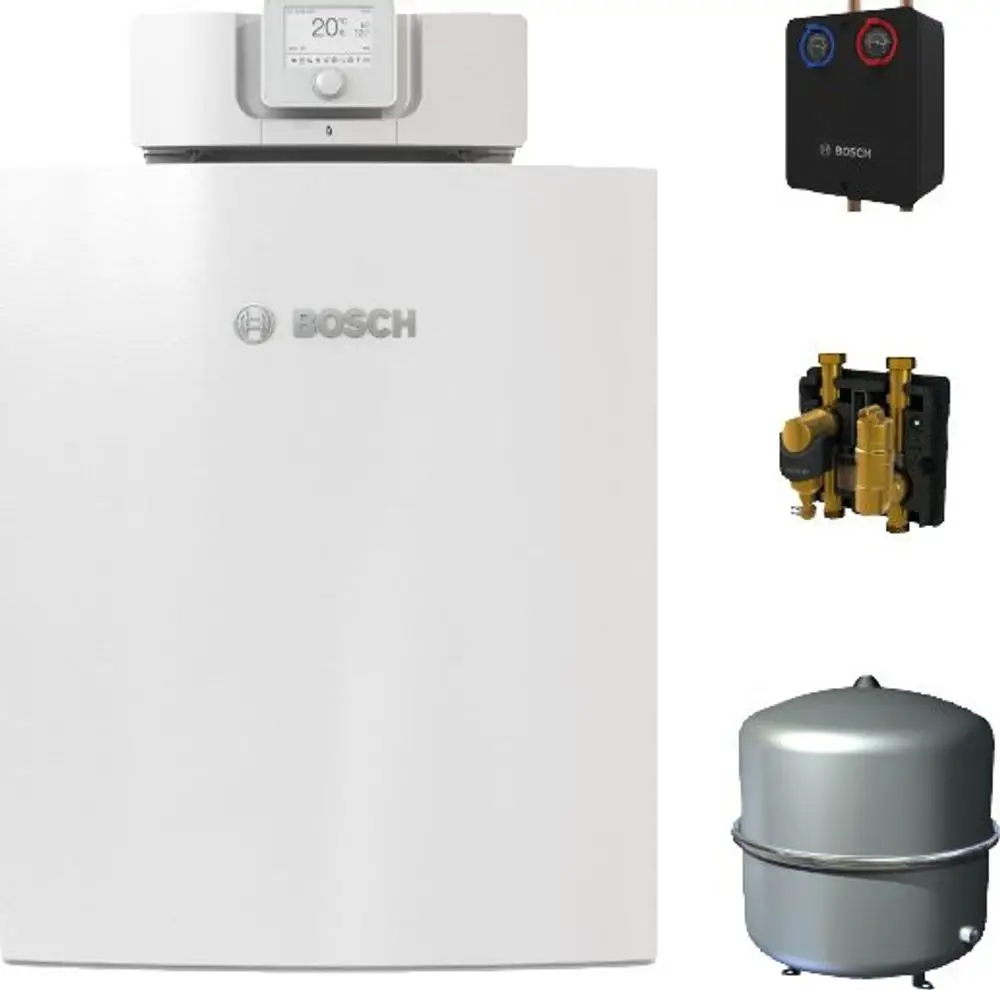 Weißes Bosch-Gerät mit digitalem Display und Bedienelement an der Oberseite. Dazu drei separate Komponenten: Druckregler, Verbindungsanordnung und ein runder Behälter.
